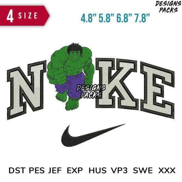 Hulk in purple shorts beside bold 'NIKE' lettering with Swoosh, embroidery design in 4 sizes, DST PES formats