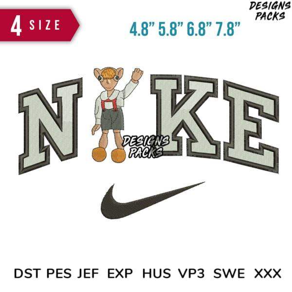 Embroidery design featuring cartoon character with 'NIKE' lettering and swoosh, available in multiple sizes and formats