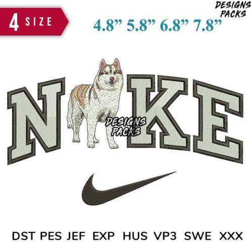 Embroidery design featuring a husky dog with 'NIKE' text and swoosh logo, available in multiple sizes and formats.