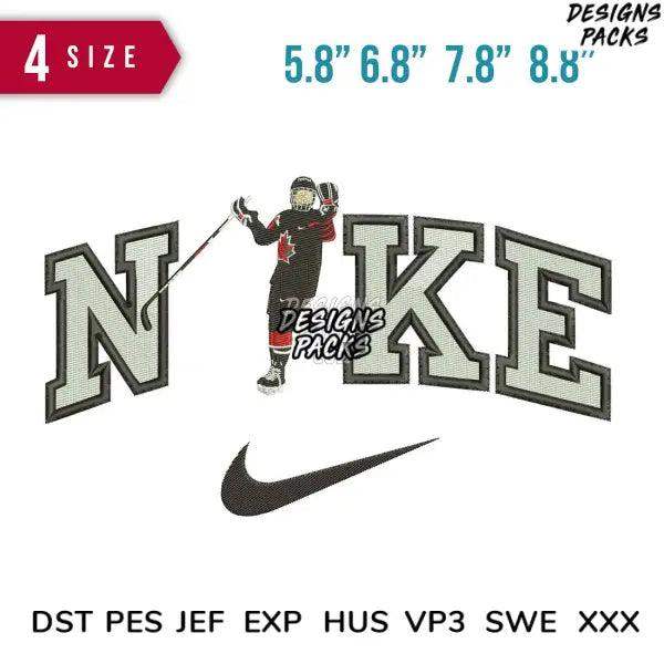 Hockey player embroidery design with 'NIKE' lettering, 4 sizes, DST PES JEF formats for instant download
