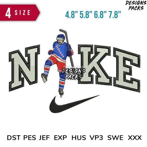 Embroidery design featuring hockey player with 'NAKE' text and swoosh, available in multiple sizes and formats.