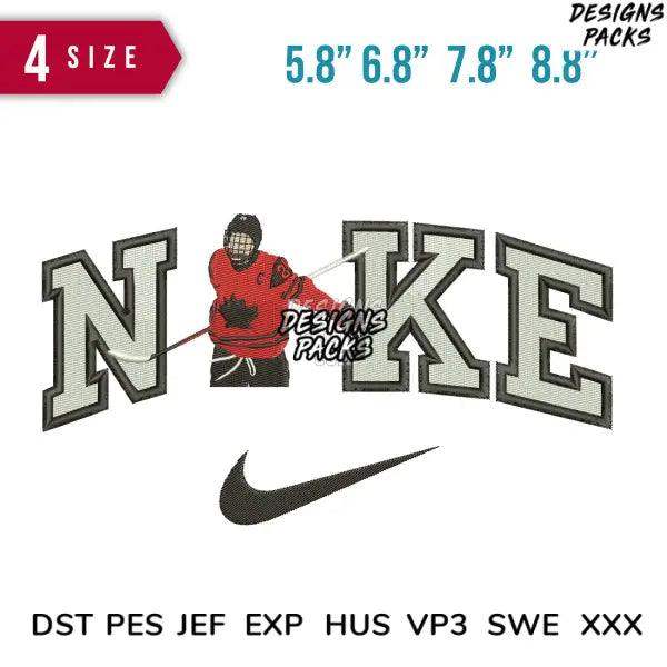 Embroidery design featuring hockey player in red jersey with maple leaf, bold 'NIKE' text, and swoosh logo, available in multiple sizes and formats.