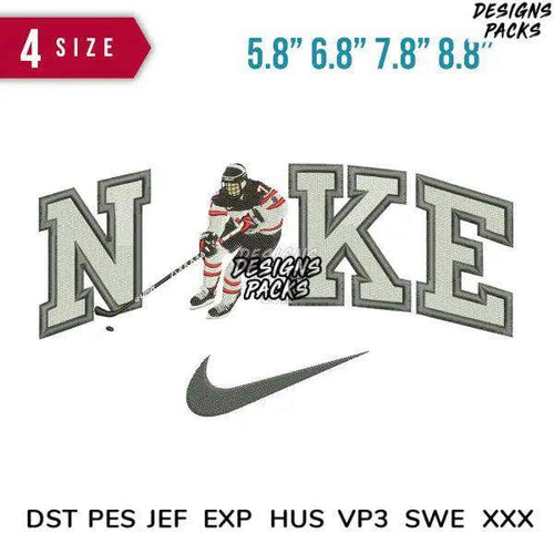 Hockey player embroidery design with 'NIKE' text and swoosh, available in 4 sizes and multiple file formats
