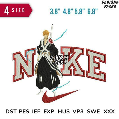 Anime character embroidery design with Nike-style logo, 4 sizes, DST PES formats for instant download