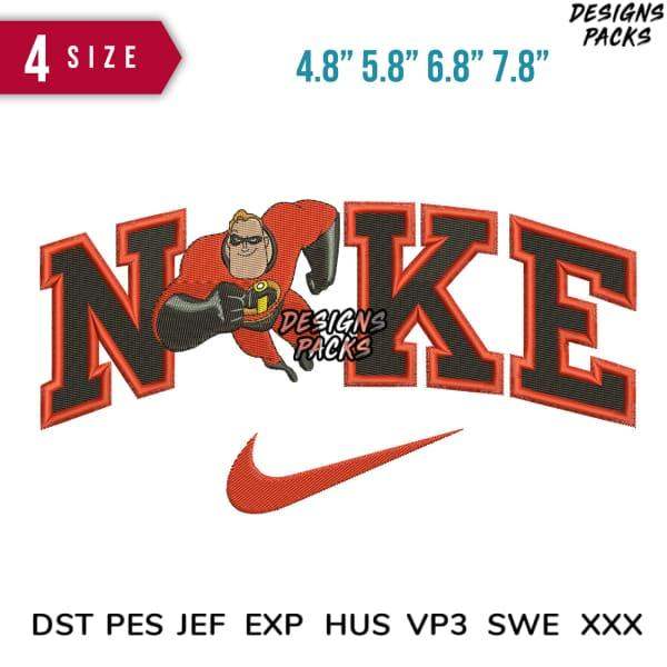 Mr. Incredible in Nike-style embroidery design, 4 sizes, DST PES JEF formats, print-ready for apparel