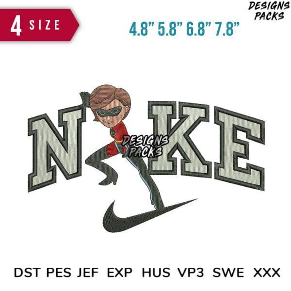 Embroidery design featuring superhero character with Nike-style swoosh, available in multiple sizes and formats