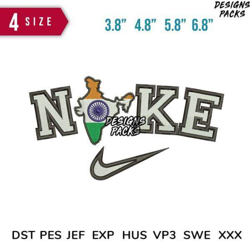Embroidery design featuring 'NOKE' with India map, Nike swoosh, available in DST PES formats