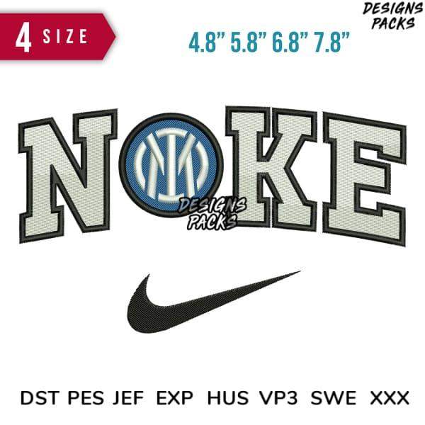 Embroidery design with 'NOKE' text, Inter Milan logo, and Nike swoosh in 4 sizes, DST PES JEF formats