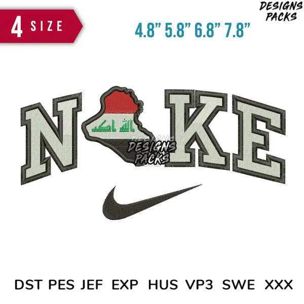 Embroidery design with 'NOKE' text, Iraq flag map, Nike swoosh, available in 4 sizes and multiple formats