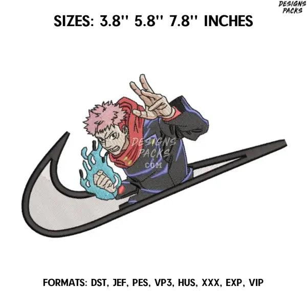 Nike Itadori Embroidery design file pes. Anime embroidery pattern.   3,8''  5,8''  7,8'' in. Jujutsu Kaisen pes design