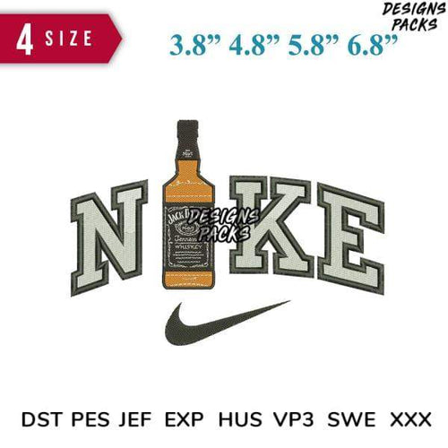 Embroidery design featuring Jack Daniel’s bottle with 'NIKE' lettering, available in 4 sizes and multiple file formats.