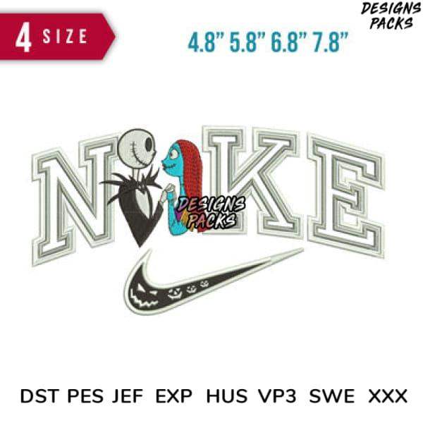 Jack Skellington and Sally in Nike-style embroidery design, 4 sizes, DST PES JEF formats