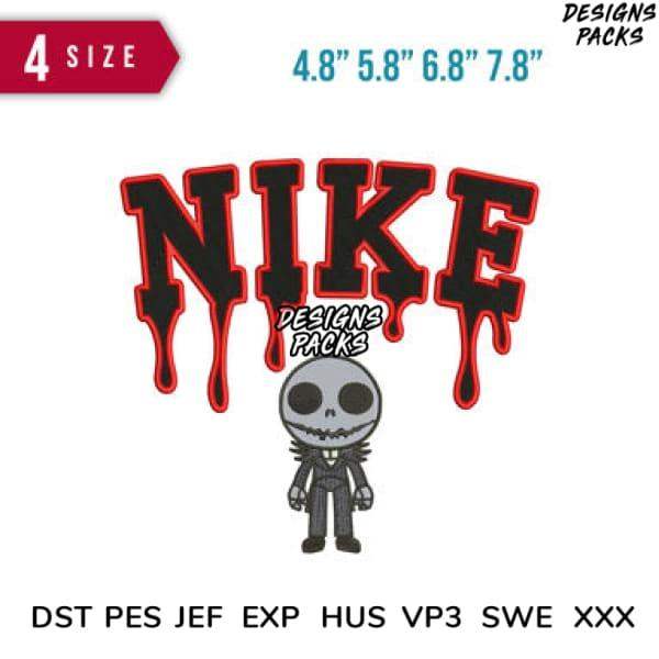 Dripping red and black Nike logo with skull character, embroidery design in 4 sizes, DST PES formats