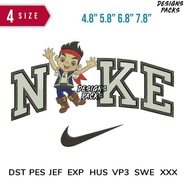 Jake the Pirate embroidery design with Nike-style lettering, 4 sizes, DST PES JEF formats