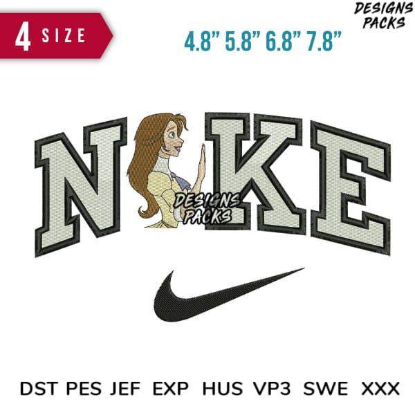 Embroidery design with 'NIKE' lettering, character graphic, and swoosh logo in multiple sizes, PES DST formats