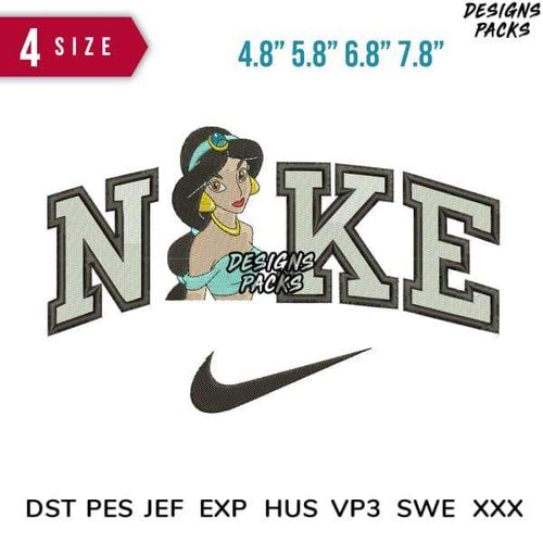 Jasmine Disney character in Nike-style varsity lettering, embroidery design for instant download