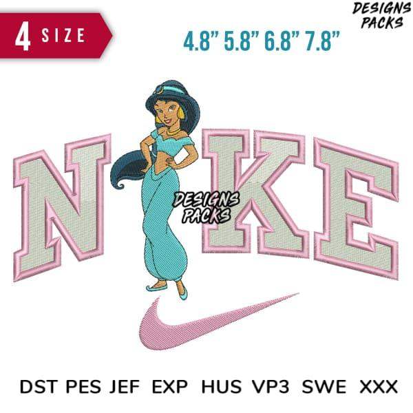 Embroidery design featuring Jasmine with Nike logo, available in multiple sizes and formats