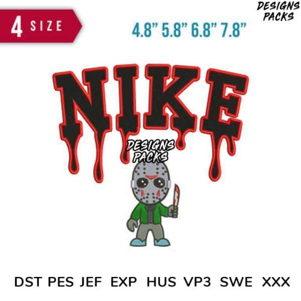 Nike horror-themed embroidery design with dripping text and Jason Voorhees character, available in multiple sizes and formats