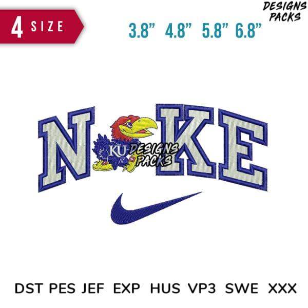 Embroidery design with 'NOKE' text, Jayhawk mascot, and Nike swoosh in 4 sizes, PES/DST formats