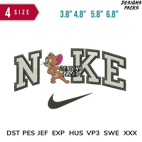 Embroidery design featuring cartoon mouse with 'NIKE' text and swoosh, available in 4 sizes and multiple file formats