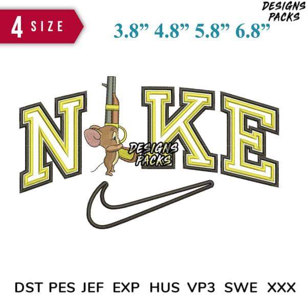 Embroidery design with mouse holding bat over 'NIKE' text, 4 sizes, DST PES JEF formats