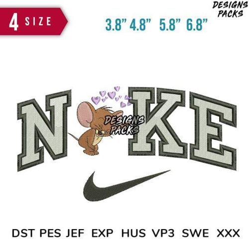 Embroidery design of mouse with hearts in 'NOKE' lettering, Nike swoosh, 4 sizes, DST PES JEF formats
