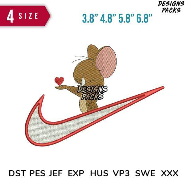 Cute mouse holding heart on Nike swoosh, embroidery design in multiple sizes and formats