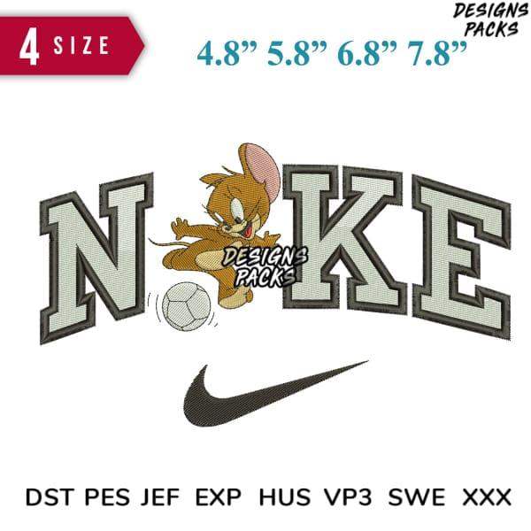 Embroidery design of Jerry mouse kicking soccer ball with Nike-style lettering, available in 4 sizes & formats