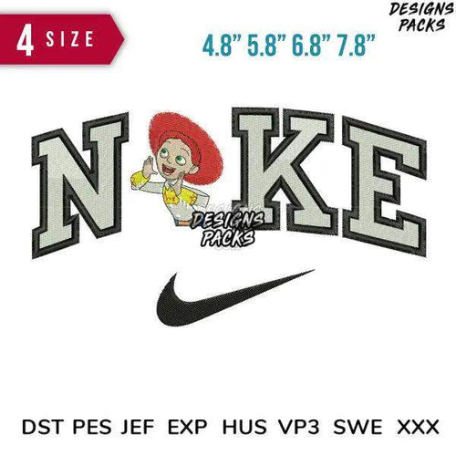 Embroidery design featuring Jessie from Toy Story with 'NOKE' text and Nike swoosh, available in multiple sizes and formats