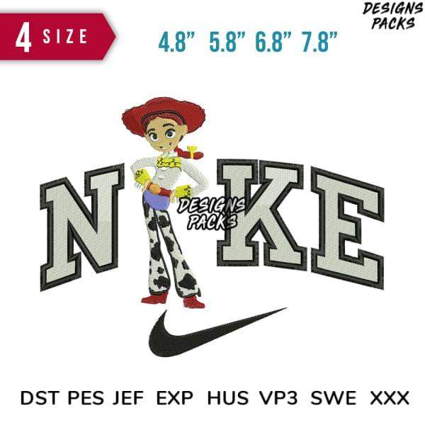 Embroidery design featuring Jessie from Toy Story with Nike logo, available in 4 sizes and multiple file formats