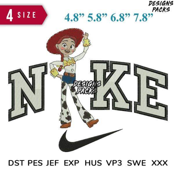 Jessie cowboy character embroidery design with Nike logo, 4 sizes, DST PES JEF formats