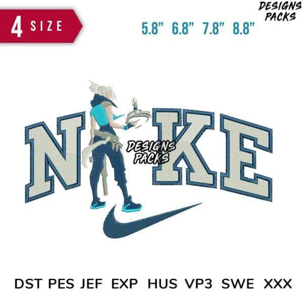 Embroidery design featuring Nike-style logo with character, available in PES, DST, EXP formats, 4 sizes