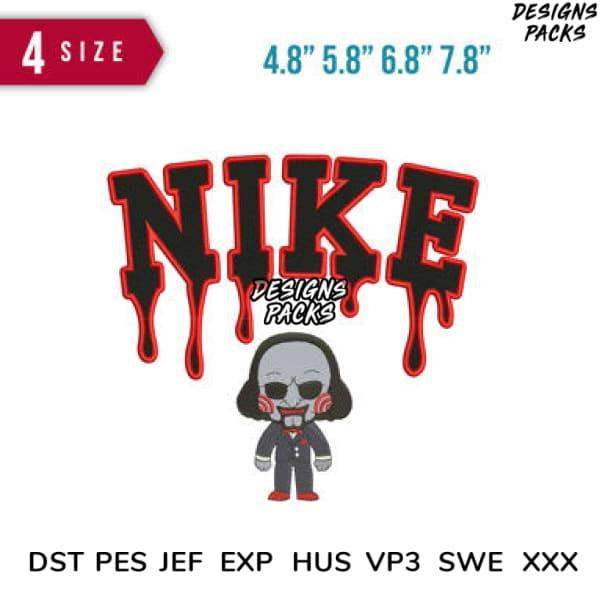 Nike horror-themed embroidery design with dripping text and cartoon character, available in multiple sizes and formats.