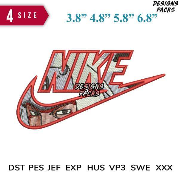 Embroidery design featuring Nike logo with anime character, available in 4 sizes and multiple file formats.