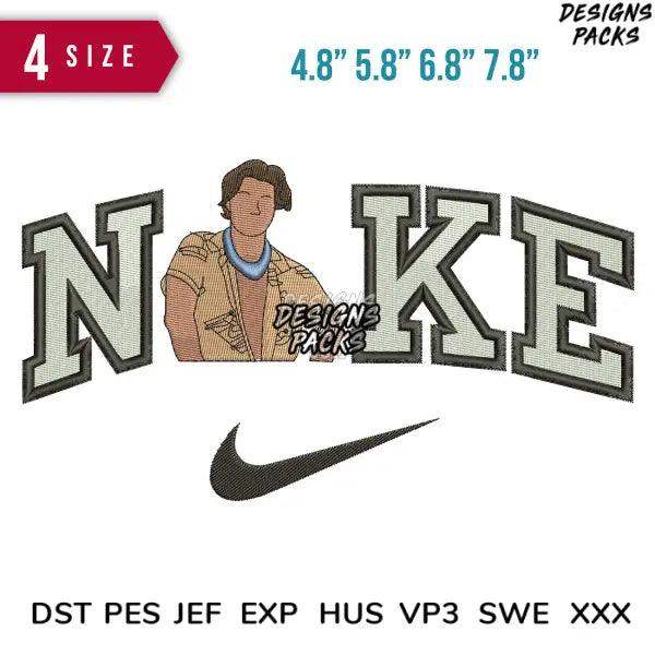Embroidery design with 'NAKE' text, character graphic, and Nike swoosh in 4 sizes, compatible with DST PES JEF formats