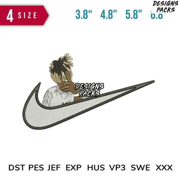 Embroidery design featuring a person inside a swoosh logo, available in multiple sizes and formats.