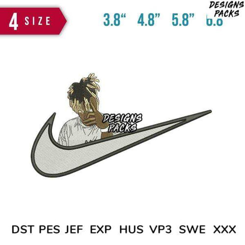 Embroidery design featuring a person inside a swoosh logo, available in multiple sizes and formats.