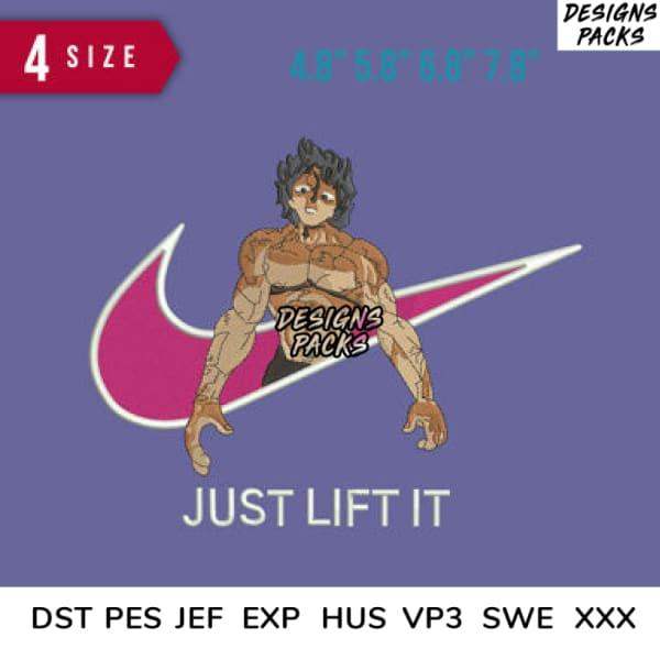 Muscular anime character lifting Nike swoosh, 'Just Lift It' text, embroidery file formats listed