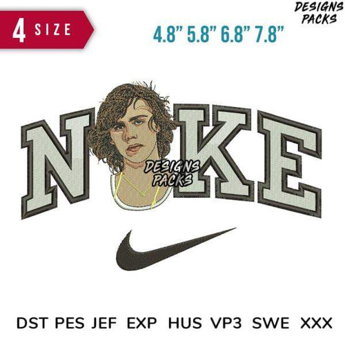 Embroidery design featuring bold 'NOKE' text with a person's portrait, available in multiple sizes and formats.