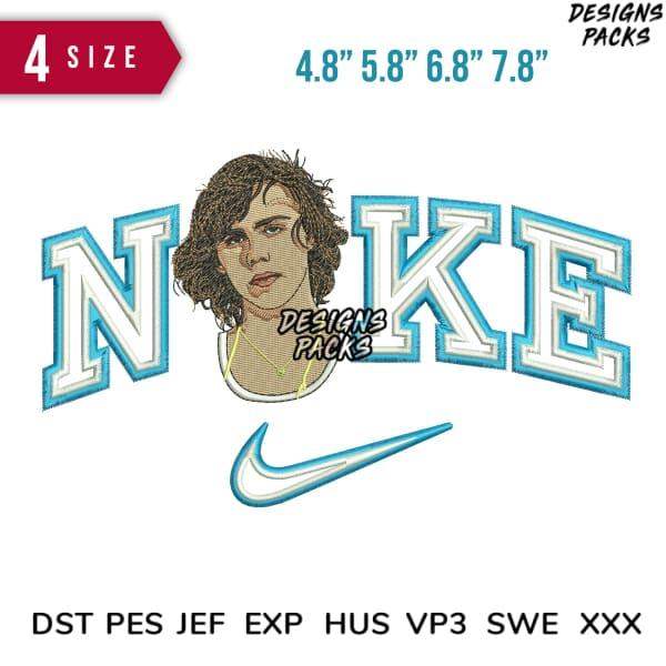 Embroidery design with 'NOKE' text, portrait, and swoosh in 4 sizes, compatible with DST PES JEF formats