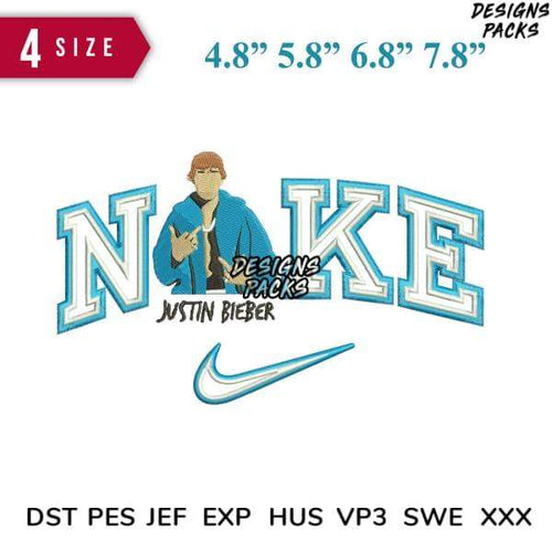 Justin Bieber Nike-inspired embroidery design in 4 sizes, compatible with DST PES JEF formats for instant download
