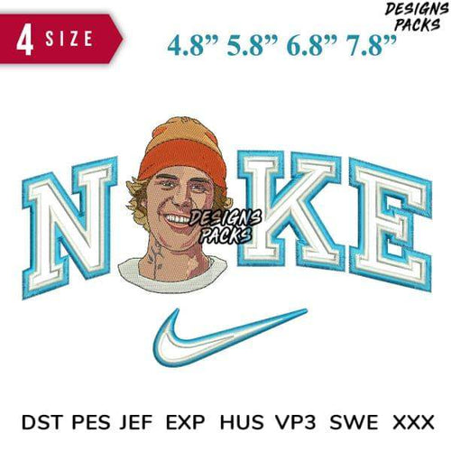 Embroidery design featuring Nike-style lettering with face graphic, available in multiple sizes and formats