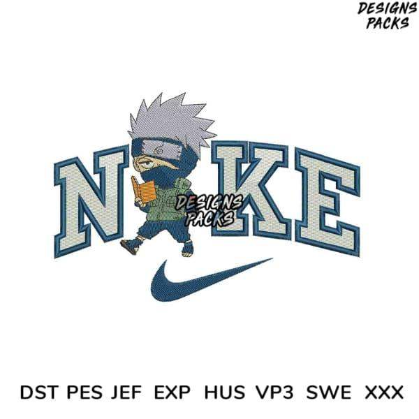 Chibi Kakashi Hatake embroidery design with Nike-style lettering, available in PES, DST, EXP formats for instant download.