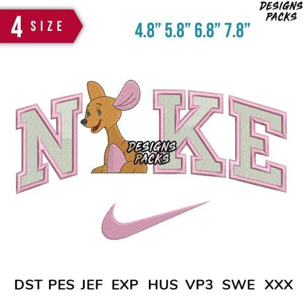 Pink kangaroo embroidery design with 'NIKE' lettering, 4 sizes, DST PES JEF formats for instant download