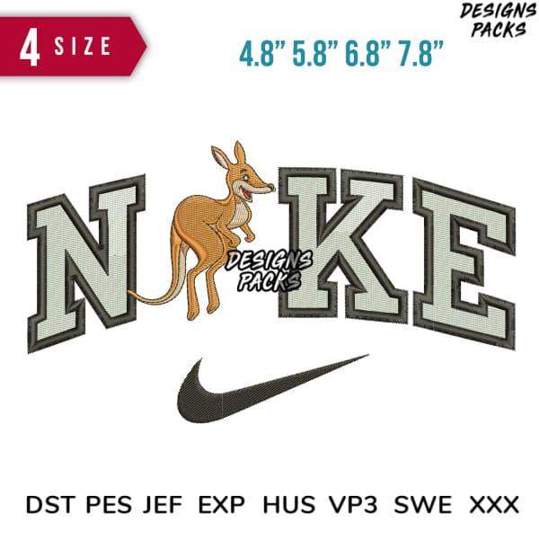 Embroidery design featuring kangaroo jumping through 'NOKE' text with Nike swoosh, available in multiple sizes and formats