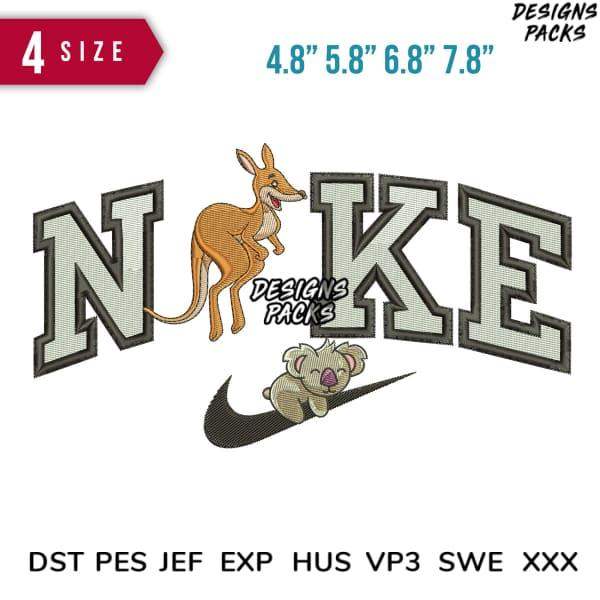 Embroidery design with kangaroo, koala, and 'NAKE' text in 4 sizes, compatible with DST PES JEF formats