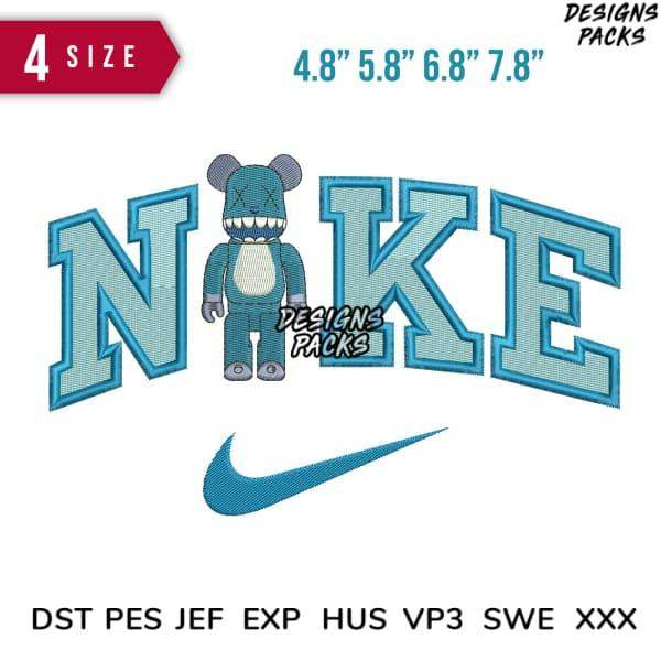 Embroidery design featuring blue Nike-style lettering with bear mascot, available in multiple sizes and formats