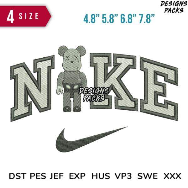 Embroidery design featuring Nike logo with bear mascot, available in multiple sizes and formats.