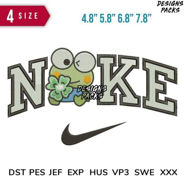 Embroidery design with frog holding clover inside 'NOKE' text, Nike swoosh, 4 sizes, DST PES JEF formats