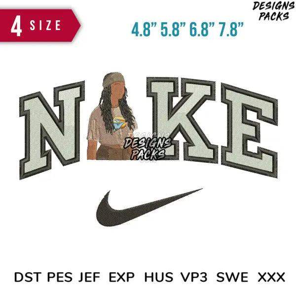 Embroidery design featuring 'NAKE' text with Nike swoosh, available in 4 sizes and multiple file formats for instant download.